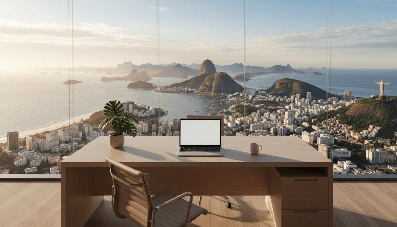 Professional workspace overlooking Rio de Janeiro with laptop and modern desk setup